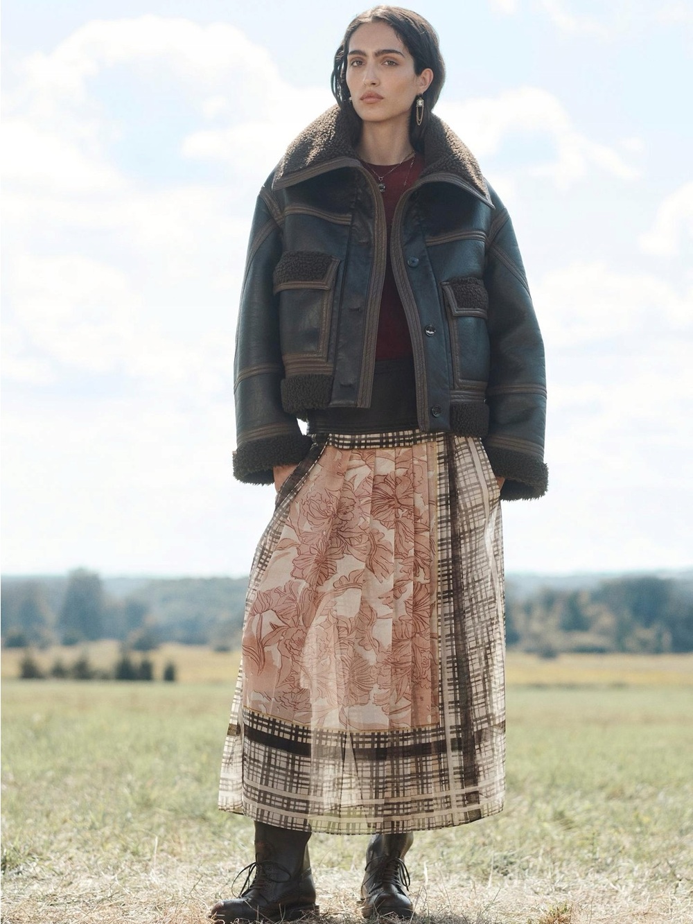 Zara Studio Sheer Floral & Plaid Midi Skirt in Blush